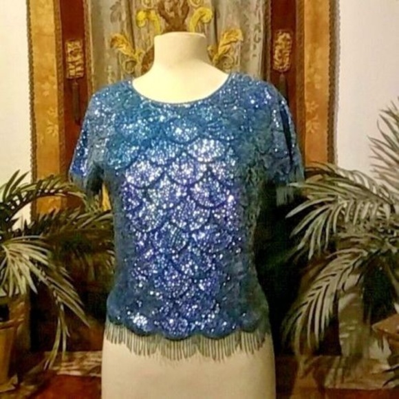 VTG 50's JO RO BOUTIQUE beaded Dk Turquoise Blouse - Picture 1 of 5